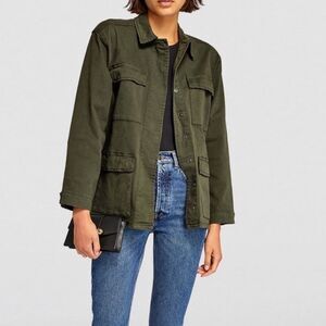 Good American Recycled Cotton Stretch Olive Green Army Cadet Barn Jacket Size 2